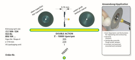 DFS DOUBLE ACTION Diamond Disc Mounted Double Face Top Superfine Grit, Bottom Coarse Grit 22mm